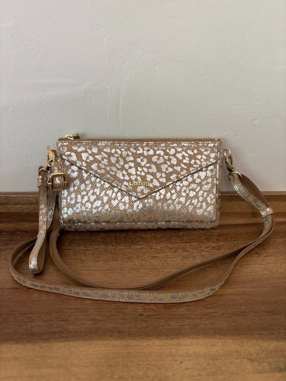 Lodis Gold Metallic Silver Animal Print Crossbody Wristlet Wallet Clutch